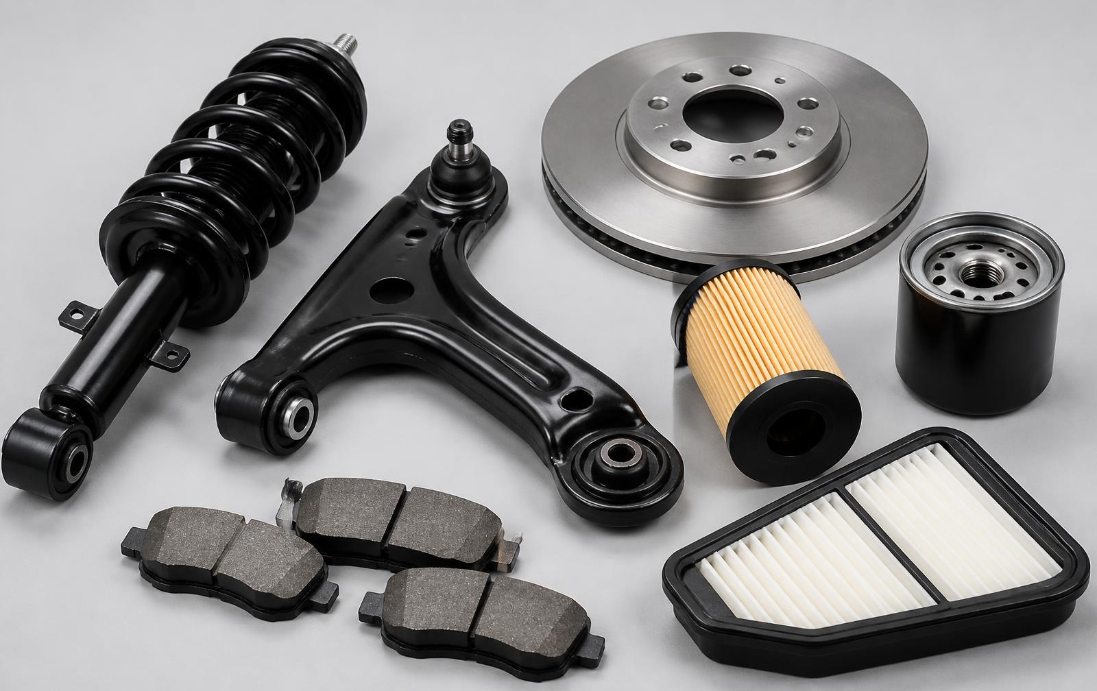 Replacement automotive parts: shock absorber, control arm, brake disc, brake pads, oil filter and air filter